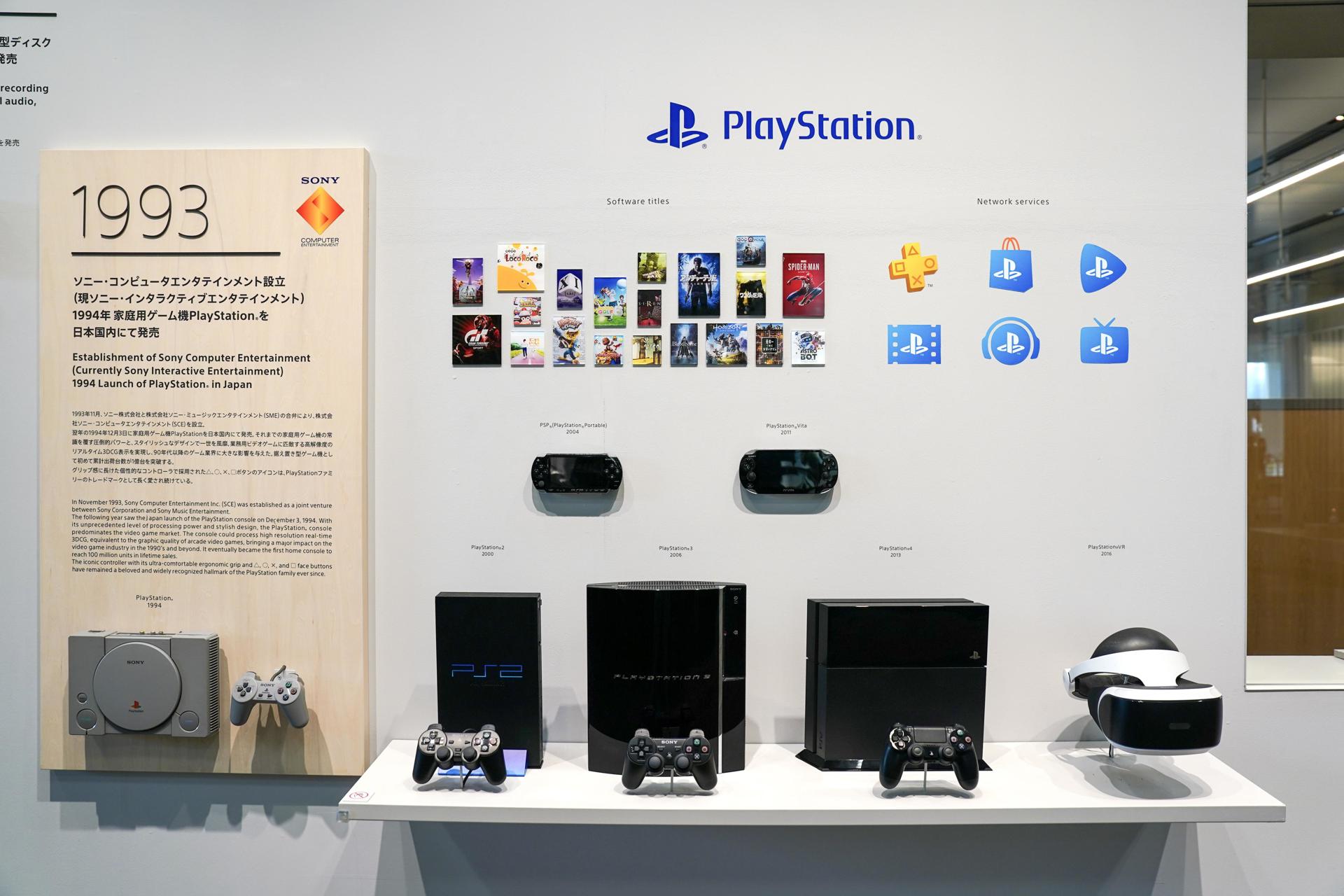 Videoconsolas de PlayStation, títulos de software y otros servicios en red en la sede de la compañía Sony en Tokio.